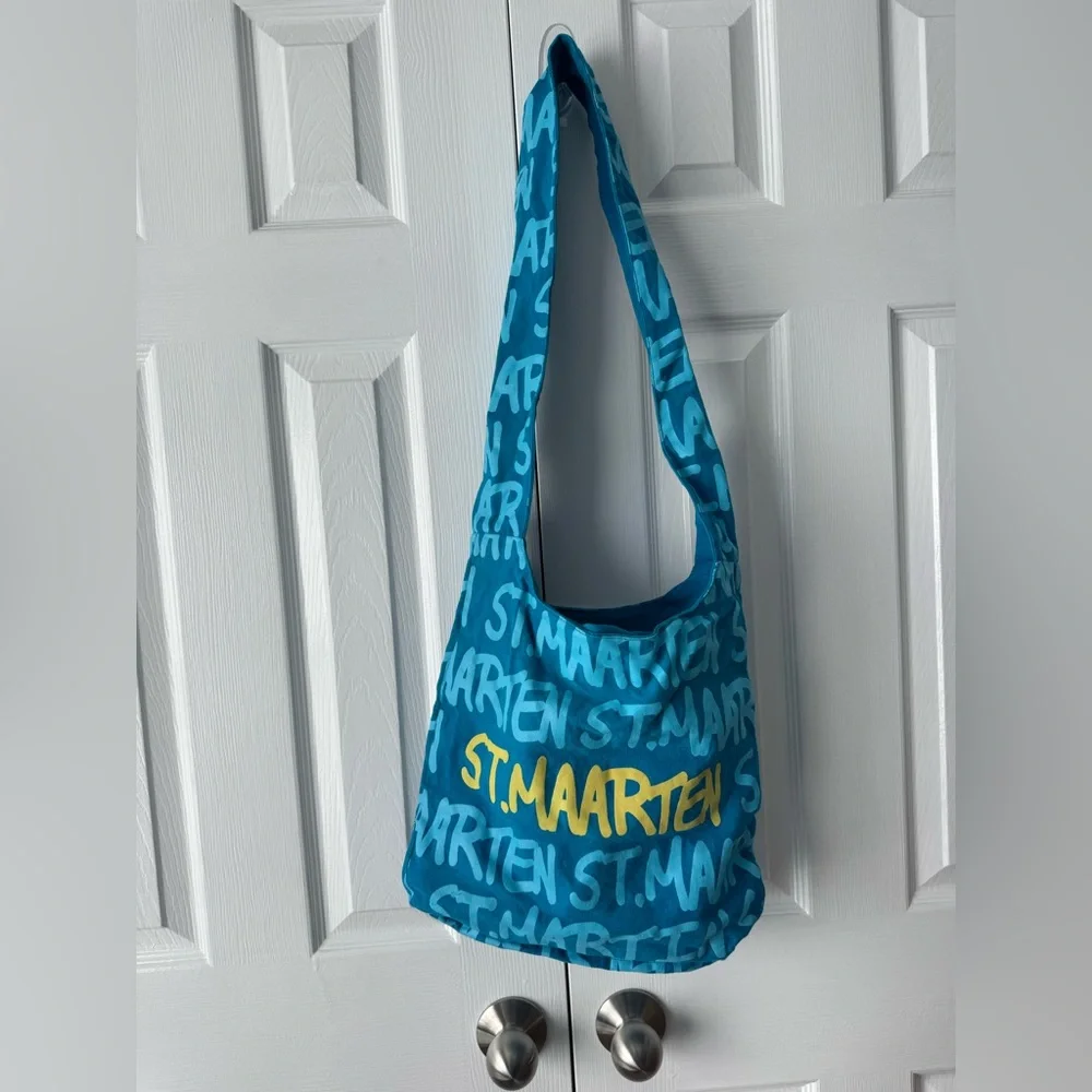 St Maarten Canvas Hobo Shoulder Bag Teal Ocean Blue Yellow Glitter Resortwear